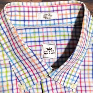 Peter Millar Shirt Mens Large Button Down Colorful 100% Cotton Check Plaid S/S